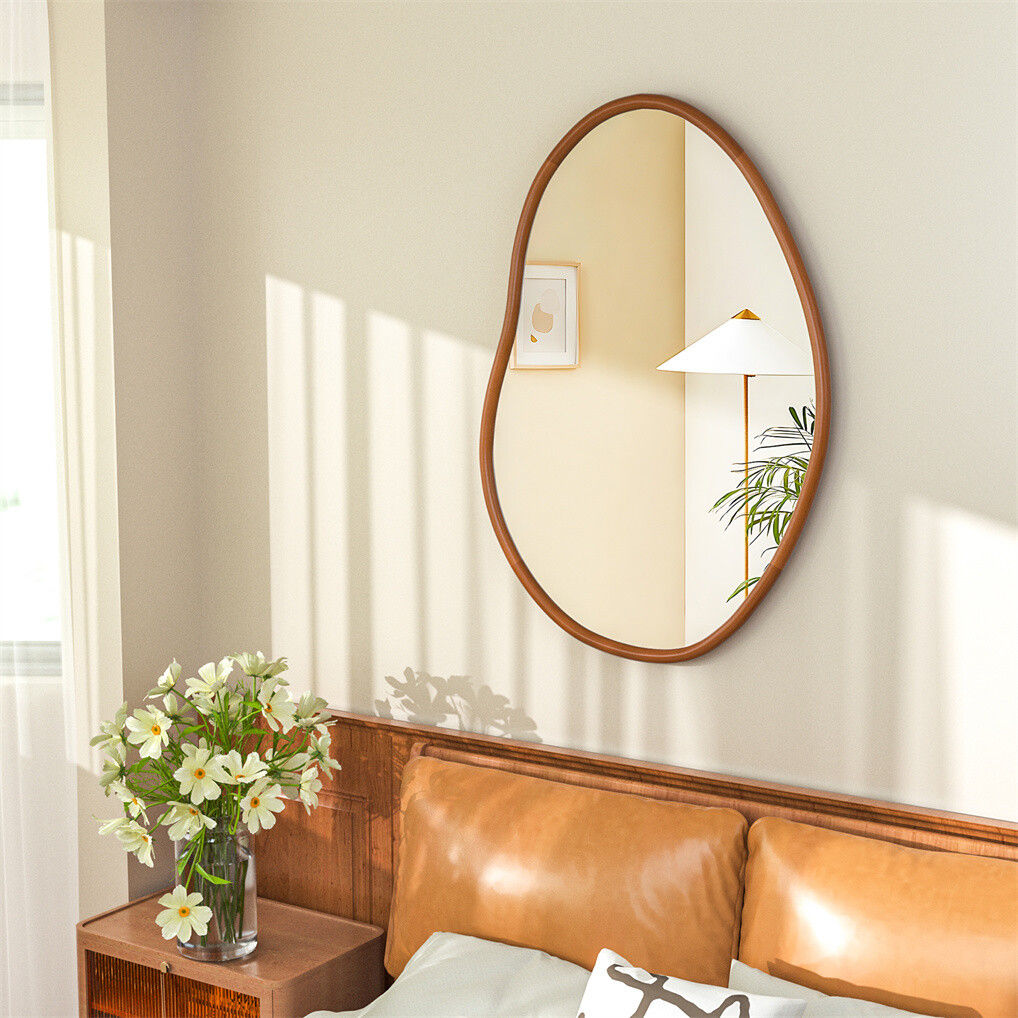 Apollo Bay large beech wood asymmetrical wall mirror in a living room