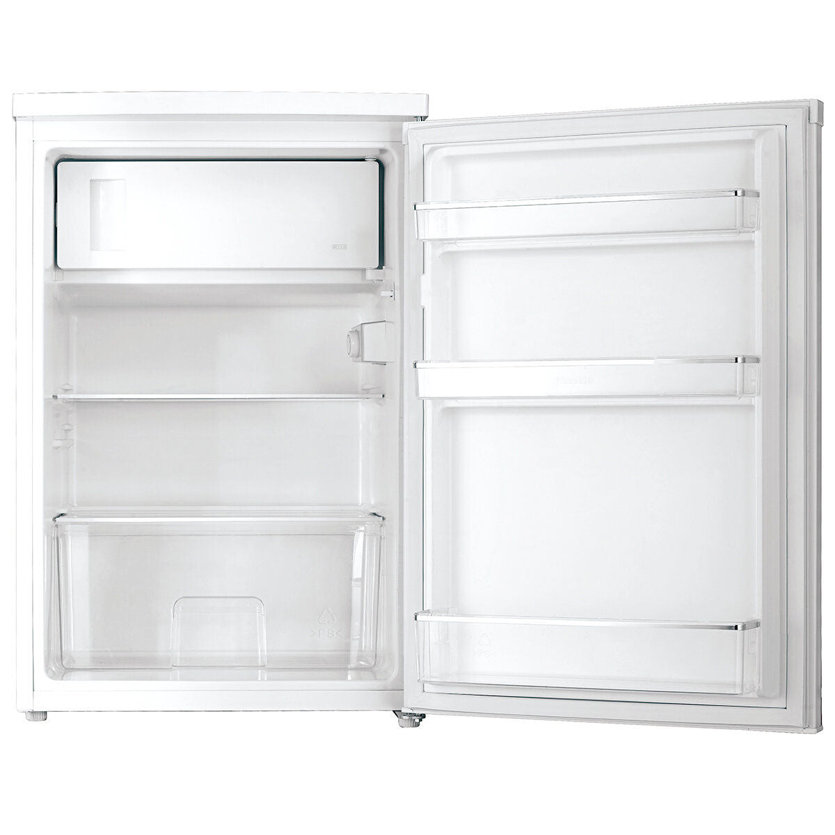 Bar fridge with door open showing LED lit shelves and storage space