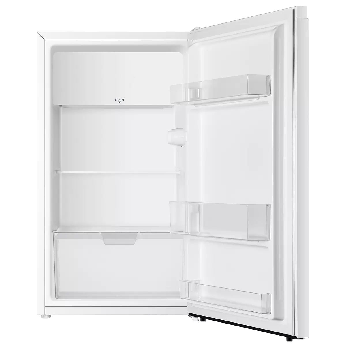 White 93 L bar fridge with door closed, narrow 45 cm cabinet