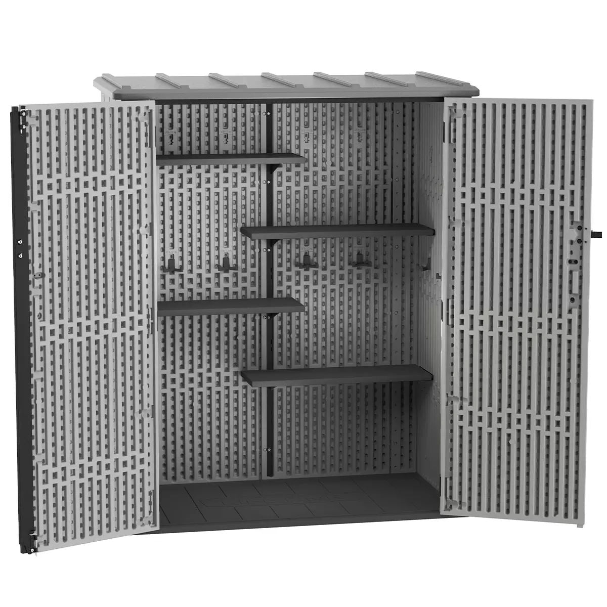 Vertical outdoor storage shed in wood grain resin, front view