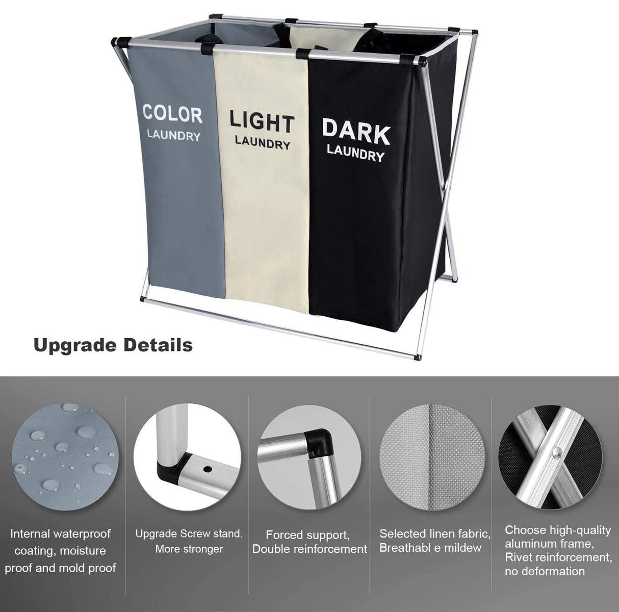 Three section 135L laundry hamper with aluminium frame