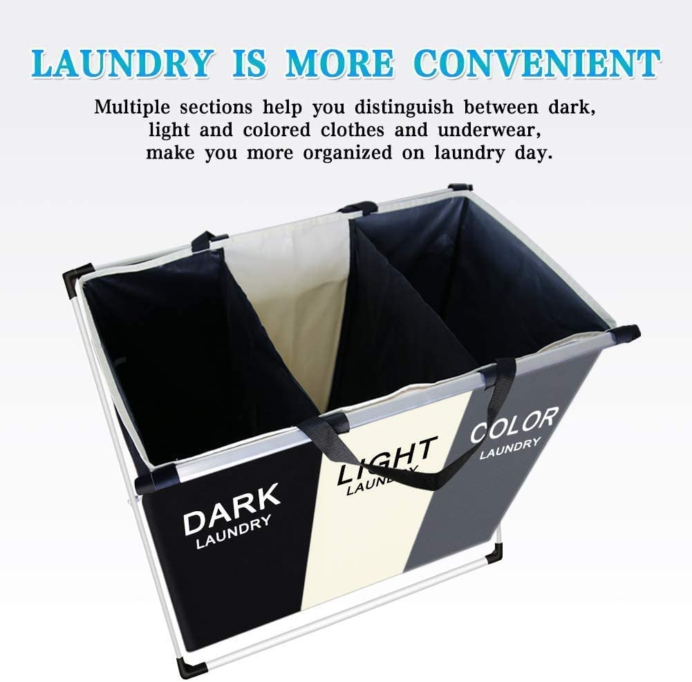 Three section 135L laundry hamper with aluminium frame
