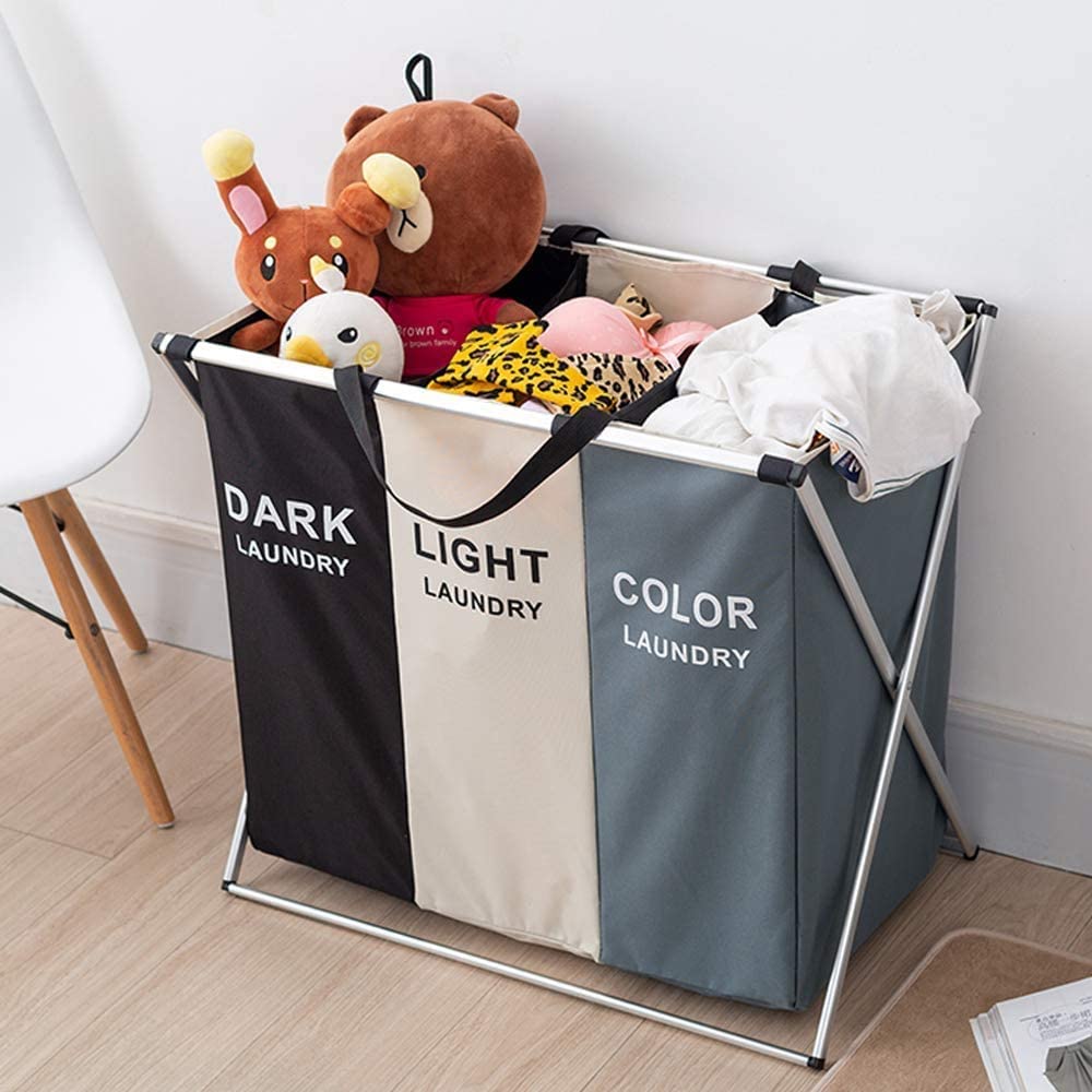 Three section 135L laundry hamper with aluminium frame