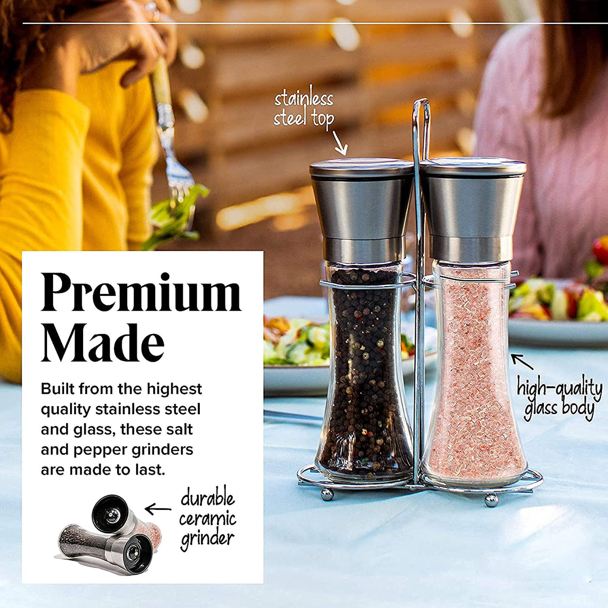 Favignana Salt and Pepper Grinder Set, Stainless Steel and Glass, Manual, Ceramic Core, 2pcs