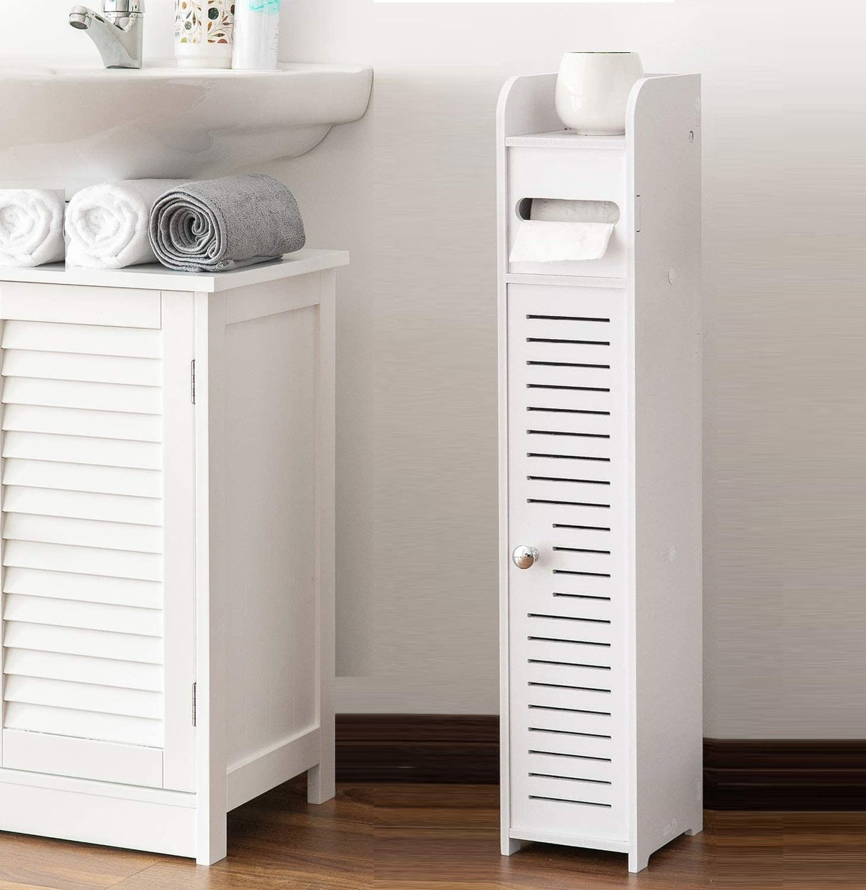 Slim white freestanding toilet roll holder stand with an open shelf