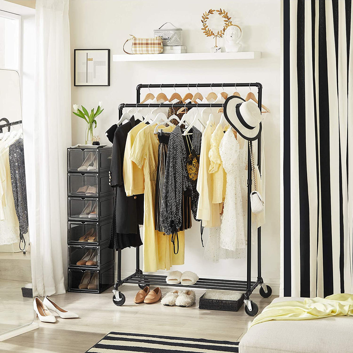 Industrial pipe clothes rack on wheels with double rail