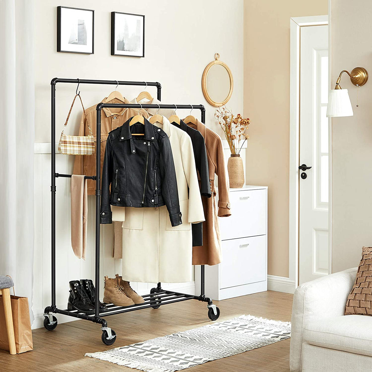 Industrial pipe clothes rack on wheels with double rail