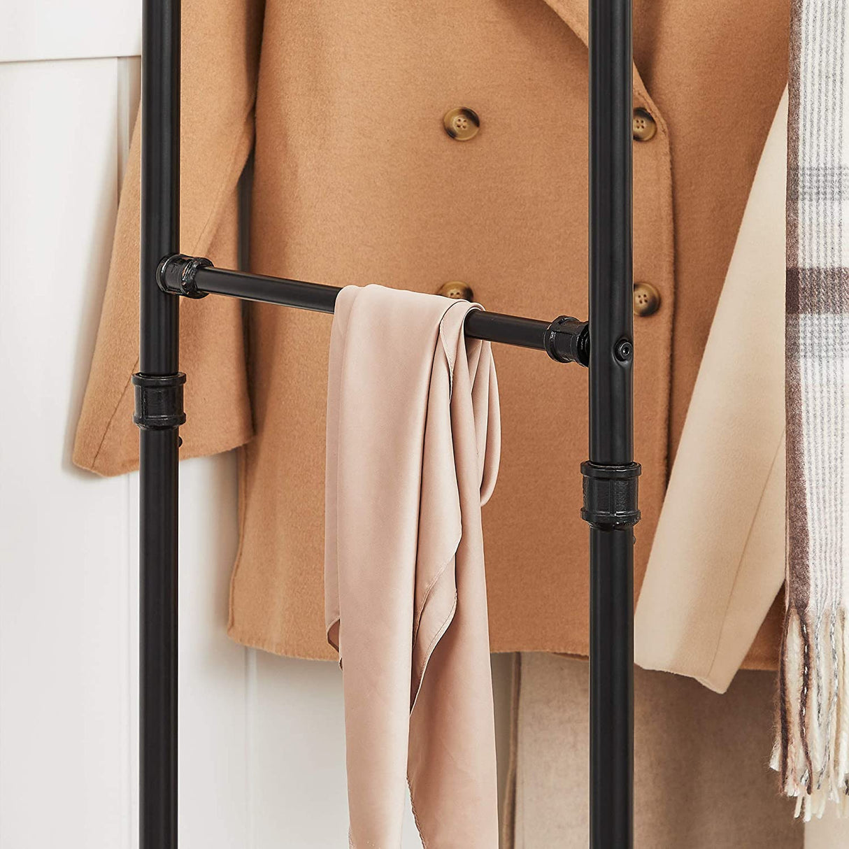 Industrial pipe clothes rack on wheels with double rail