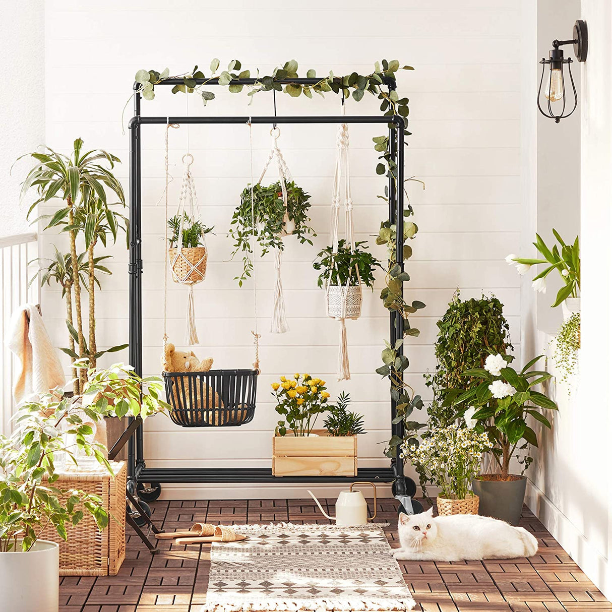 Industrial pipe clothes rack on wheels with double rail