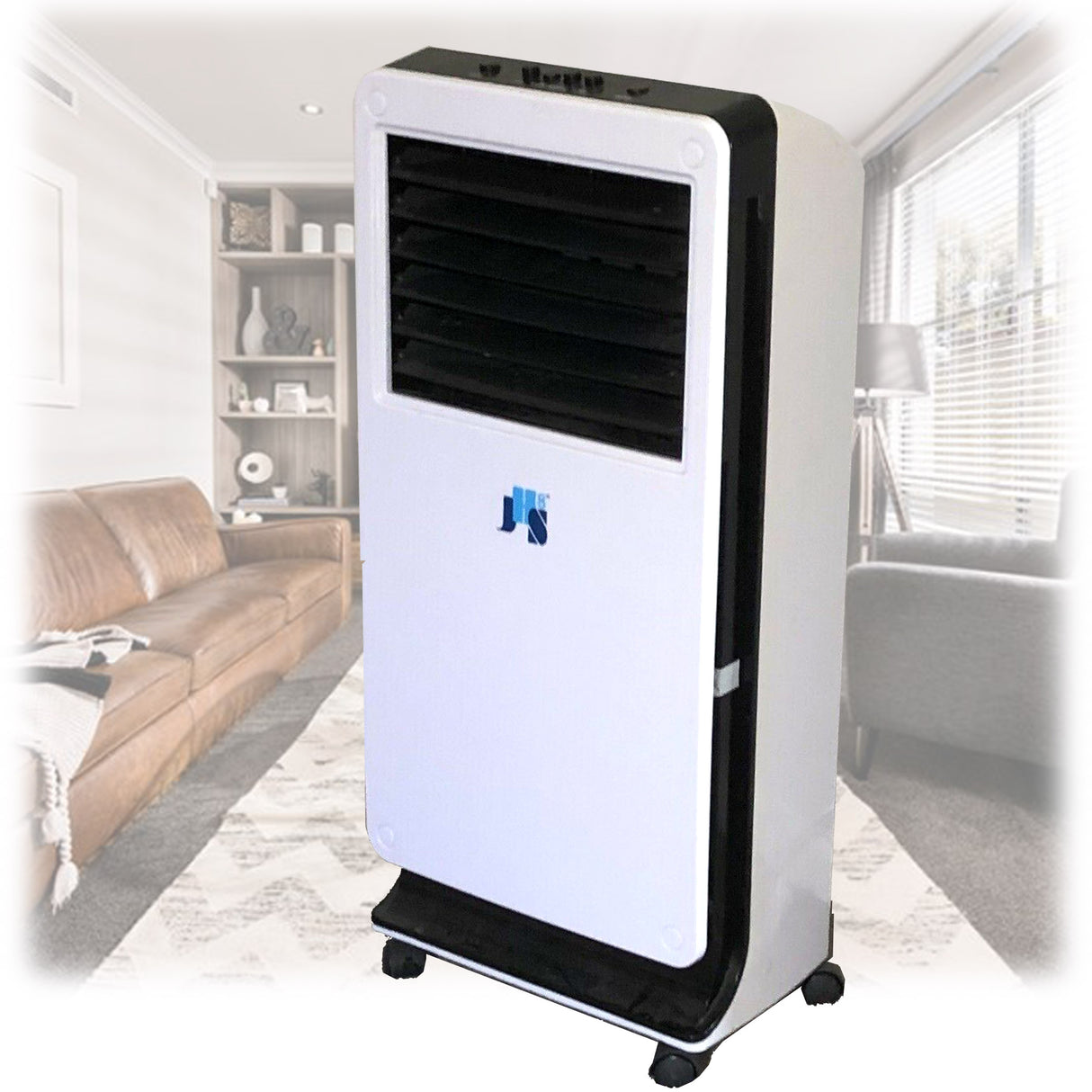 Portable 3 in 1 evaporative air cooler with 3.3 L water tank and castor wheels, front view