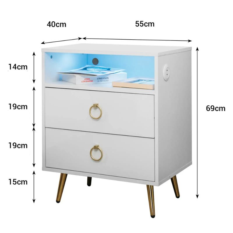 Goonengerry LED Bedside Table with USB and Power Socket, White