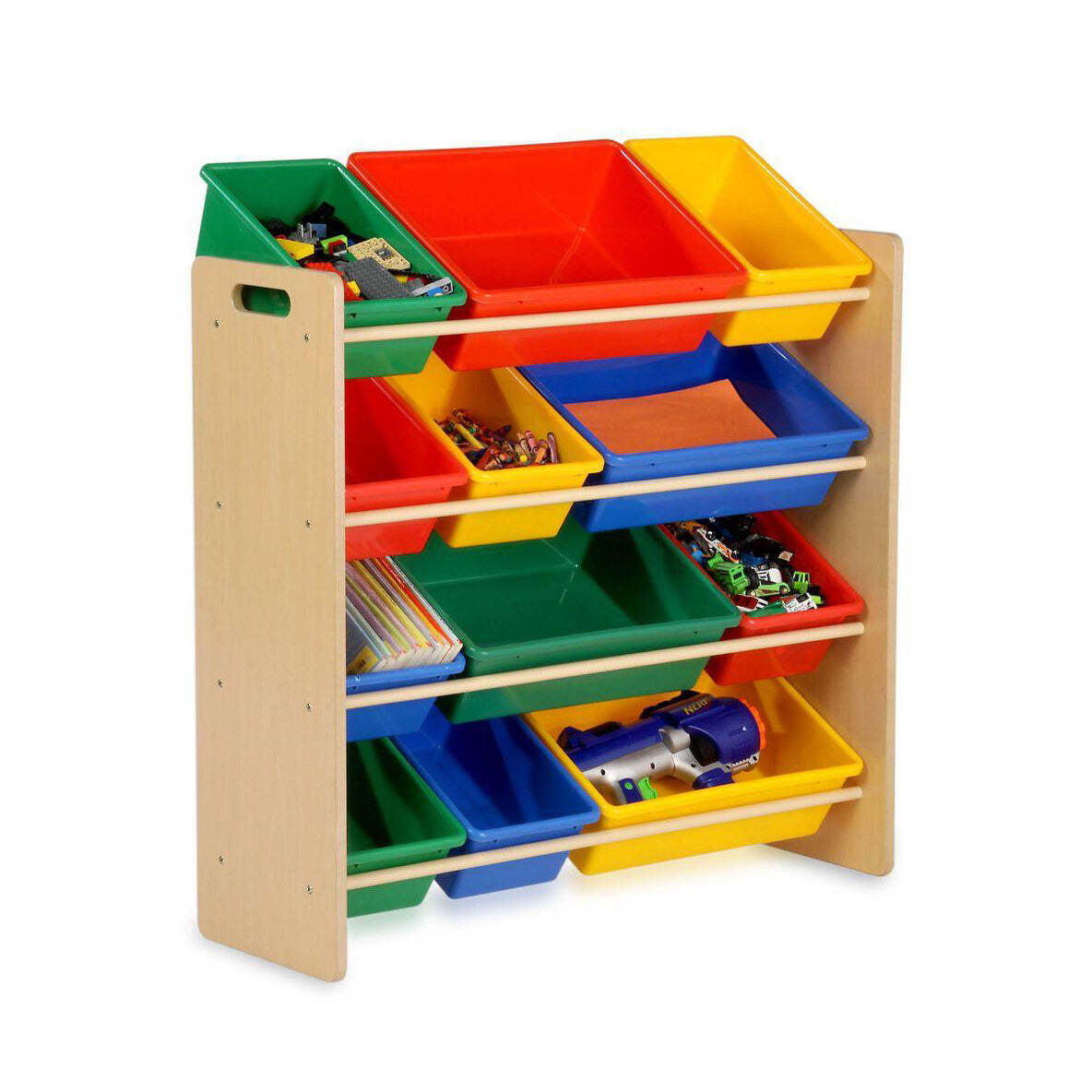 Four-tier children's toy organiser rack with colourful bins