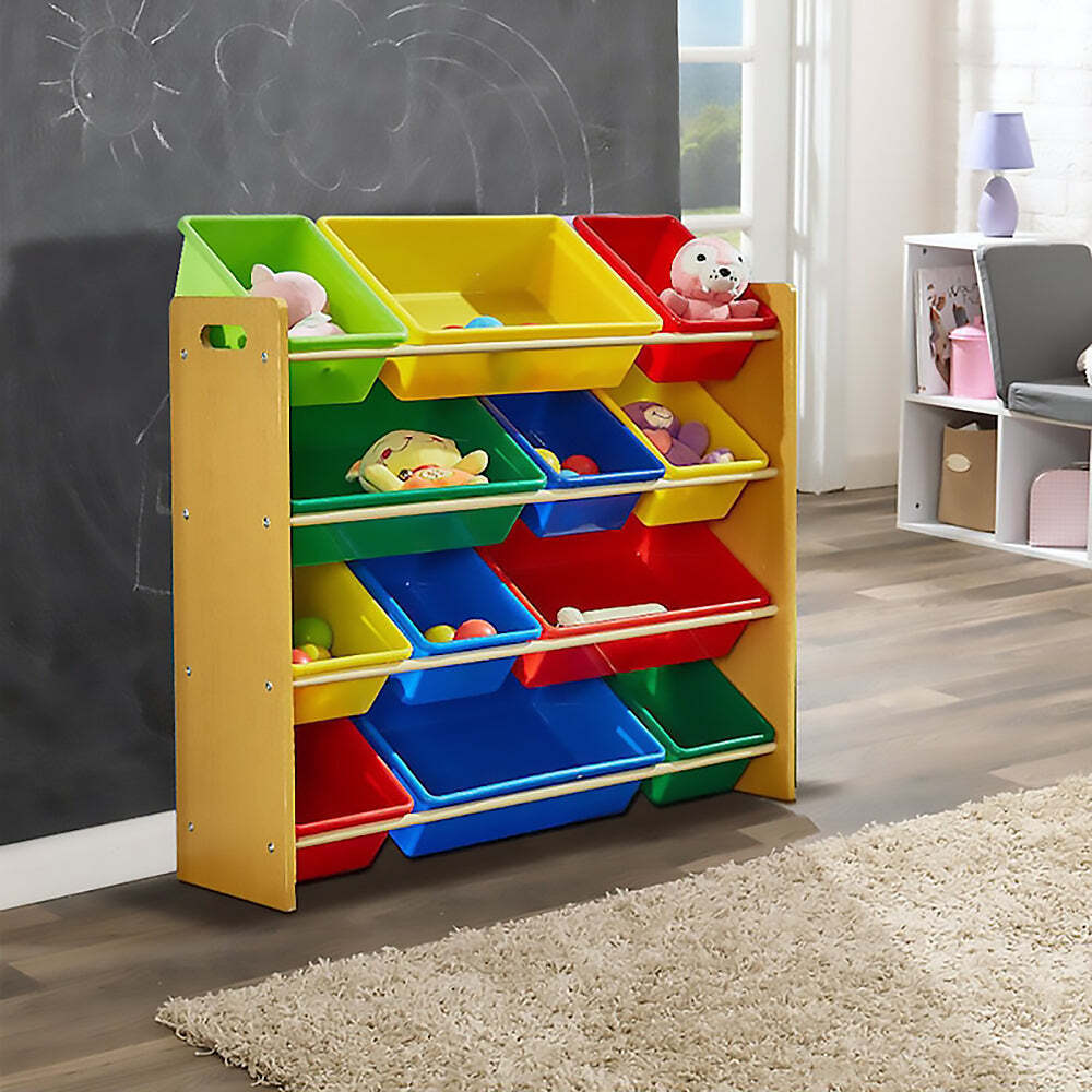 Kids storage shelf with removable red, yellow, green and blue bins