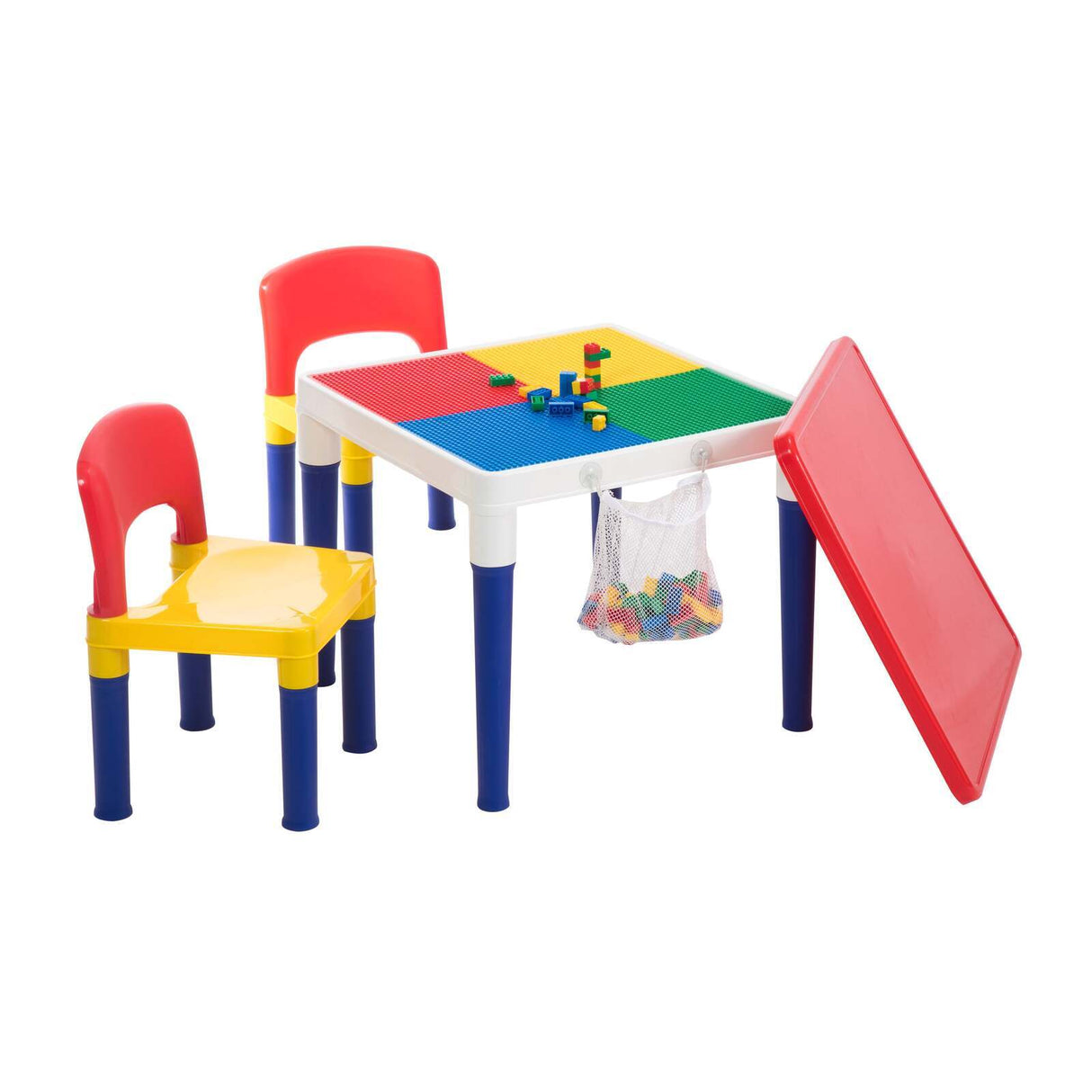 Kids 2 in 1 building blocks table and two chairs set with blocks