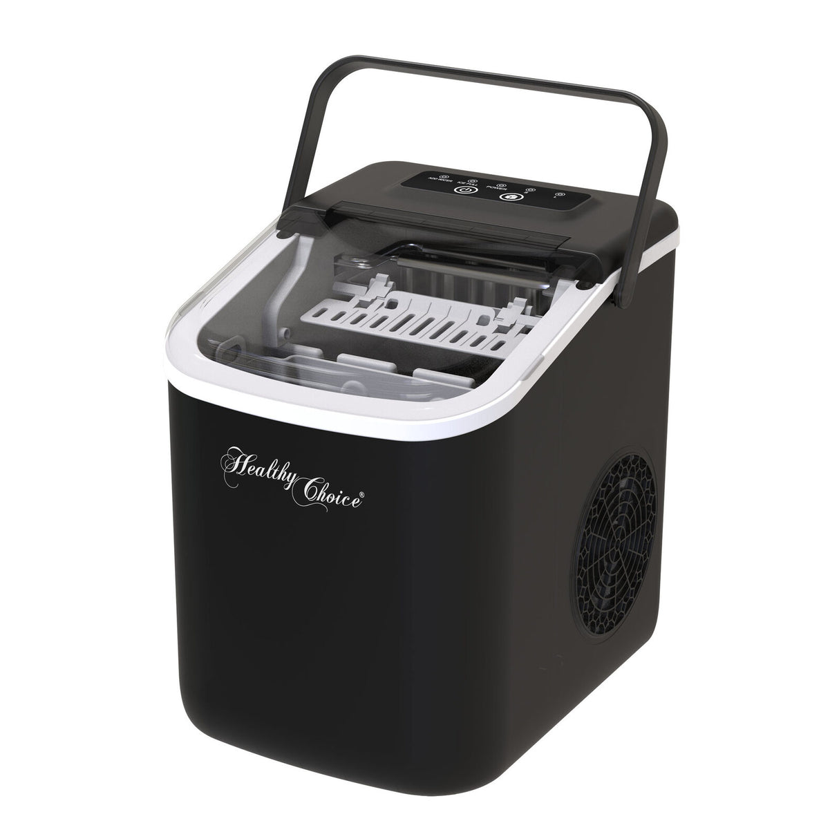 Black portable benchtop ice maker producing up to 12 kg of ice per day