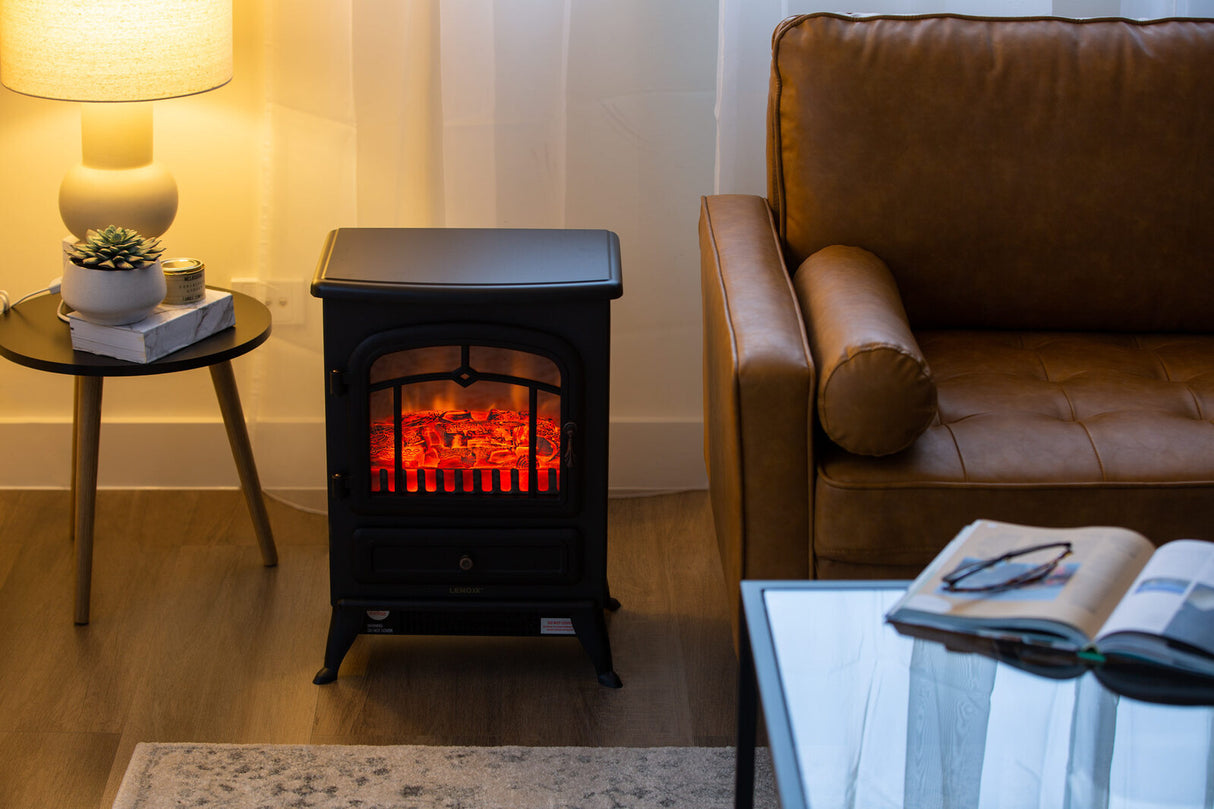 Electric fireplace heater with swing open door and pull down control drawer
