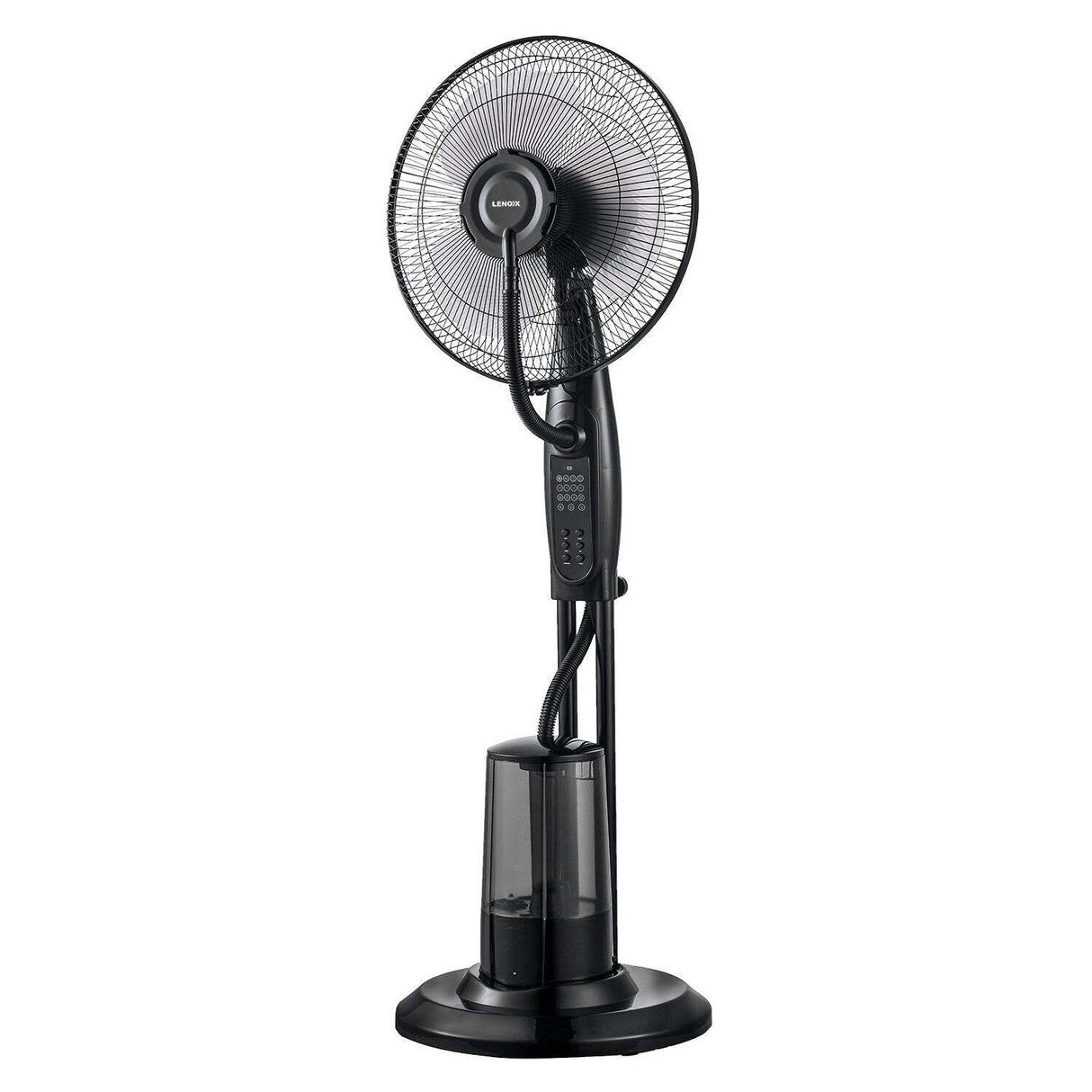 Misting pedestal fan head with safety guard and mist nozzles