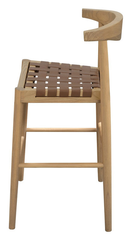 Aspendale natural oak counter stool with woven leather seat at a kitchen island