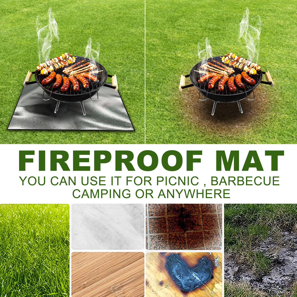 Fireproof BBQ Grill Protective Mat, silver, in use under grill