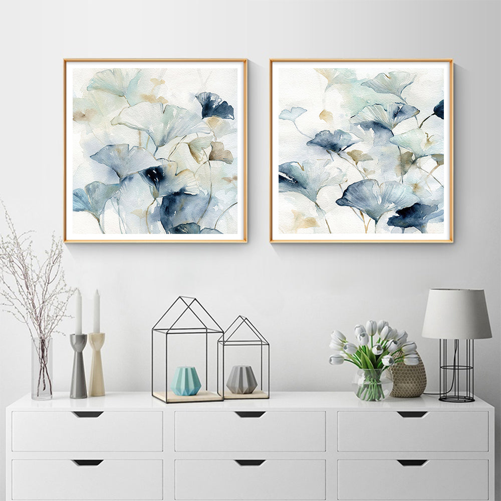 Close view of the gingko leaf canvas print showing fan shaped foliage detail