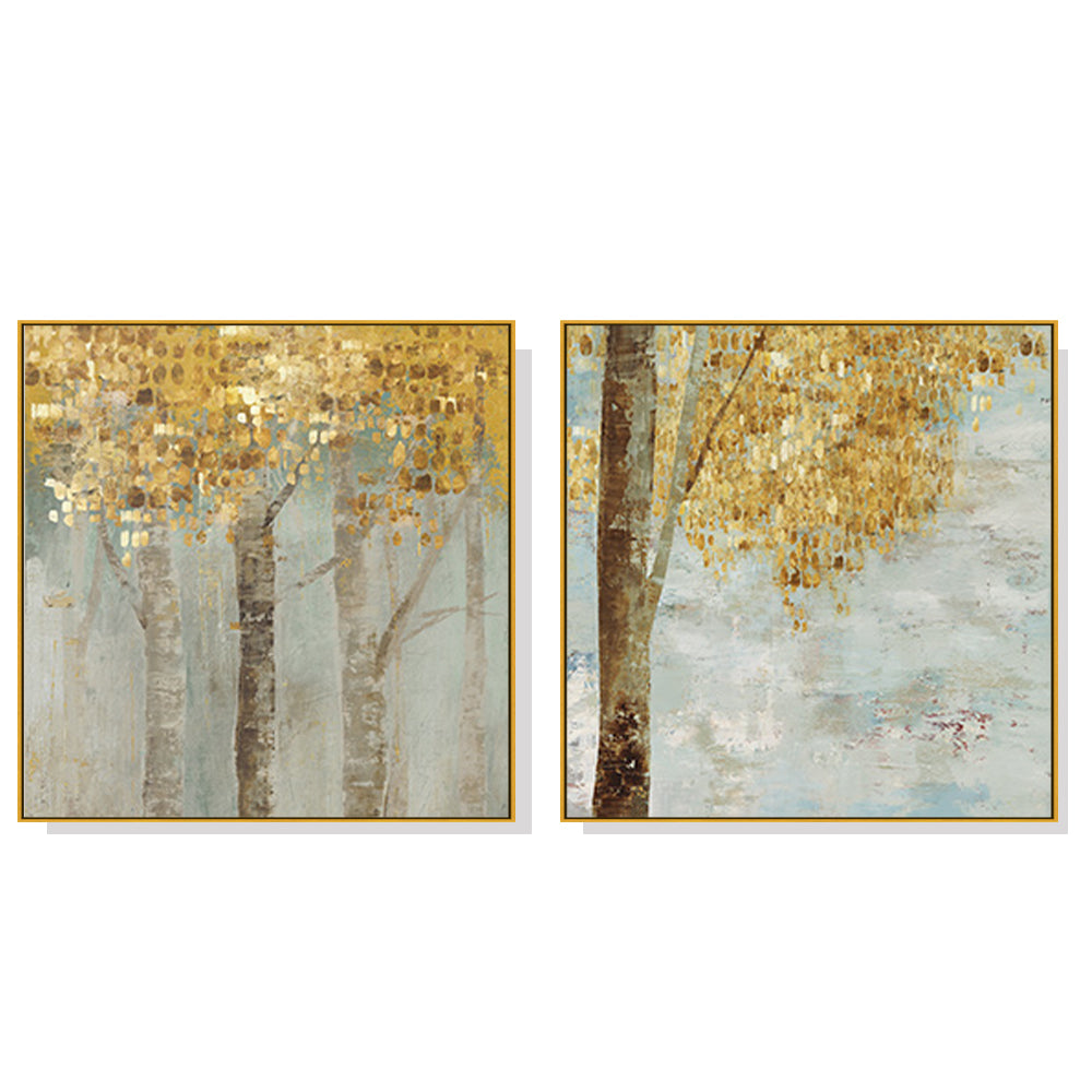 Golden Leaves canvas wall art 2 piece set, each 70 x 70 cm in gold floating frames