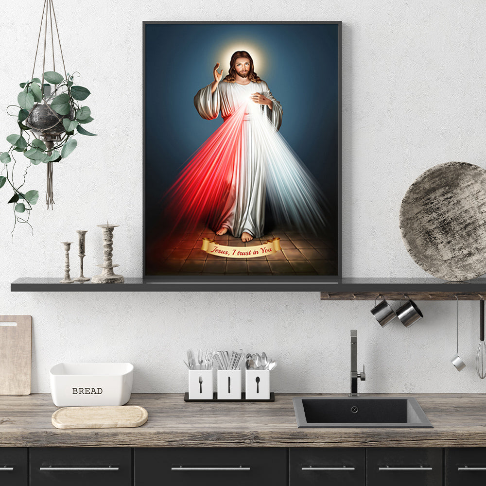 Detail of the Divine Mercy artwork printed on premium canvas