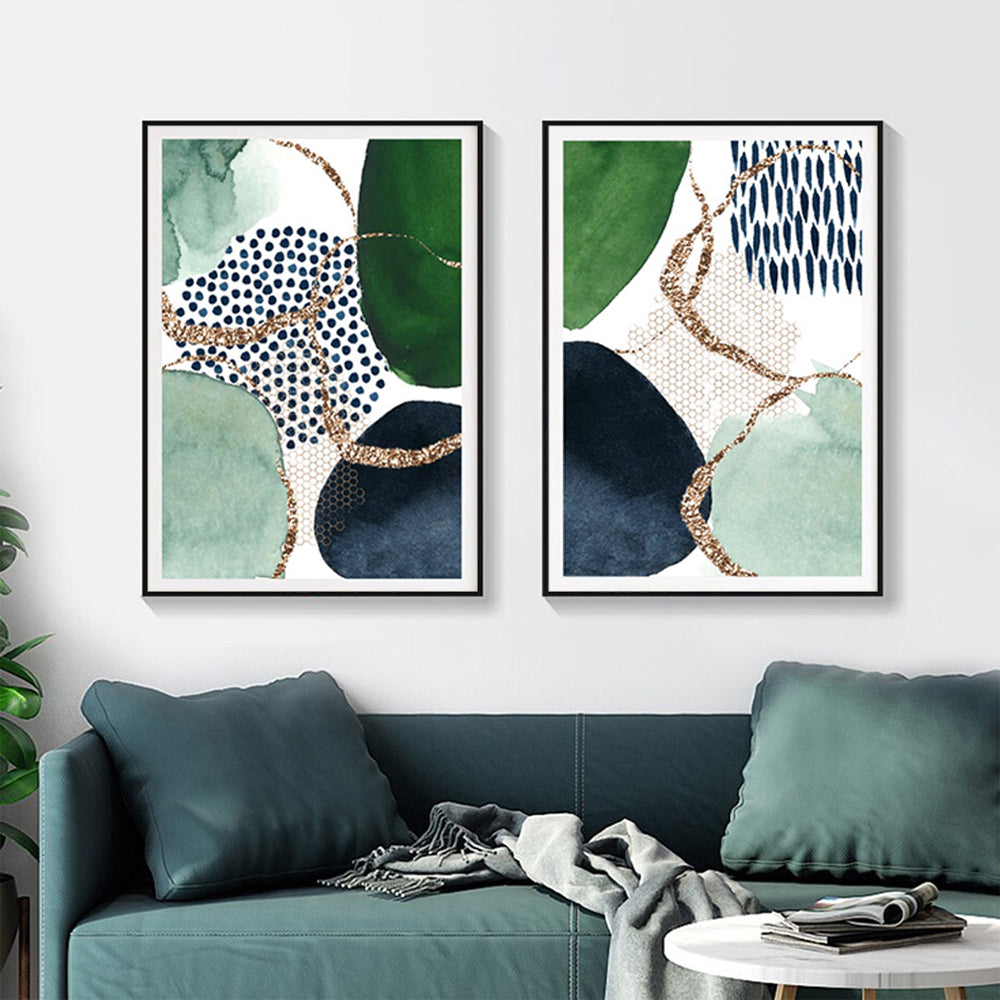Close view of the abstract green and navy canvas showing layered colour fields and loose shapes
