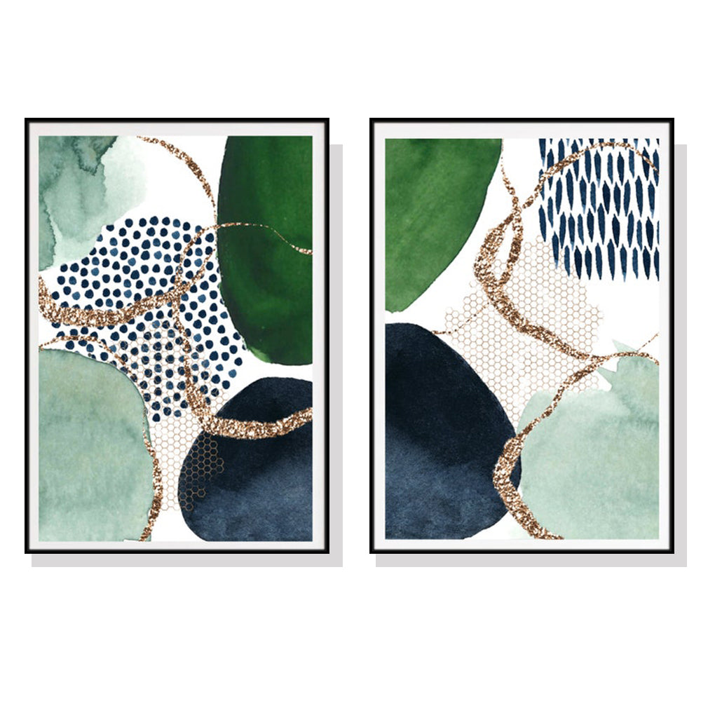Abstract green and navy canvas wall art pair in black floating frames, 60 x 90 cm portrait panels