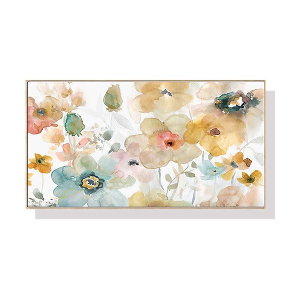 Floral watercolour style canvas wall art in a wood floating frame, large 60 x 120 cm panel