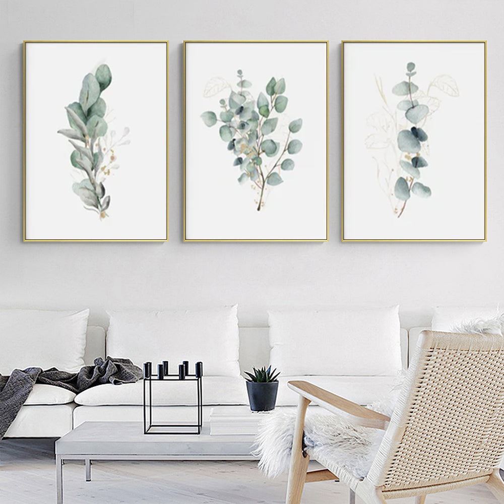 Eucalyptus Plant — Gold-Framed 3-Panel Canvas Set — Allure Home Collections