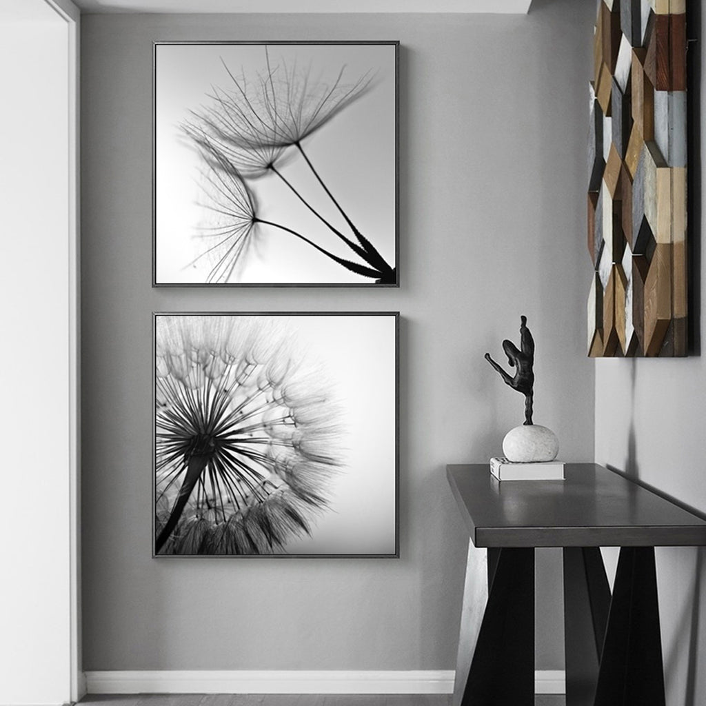 Close view of the monochrome dandelion print showing fine seed head detail on canvas