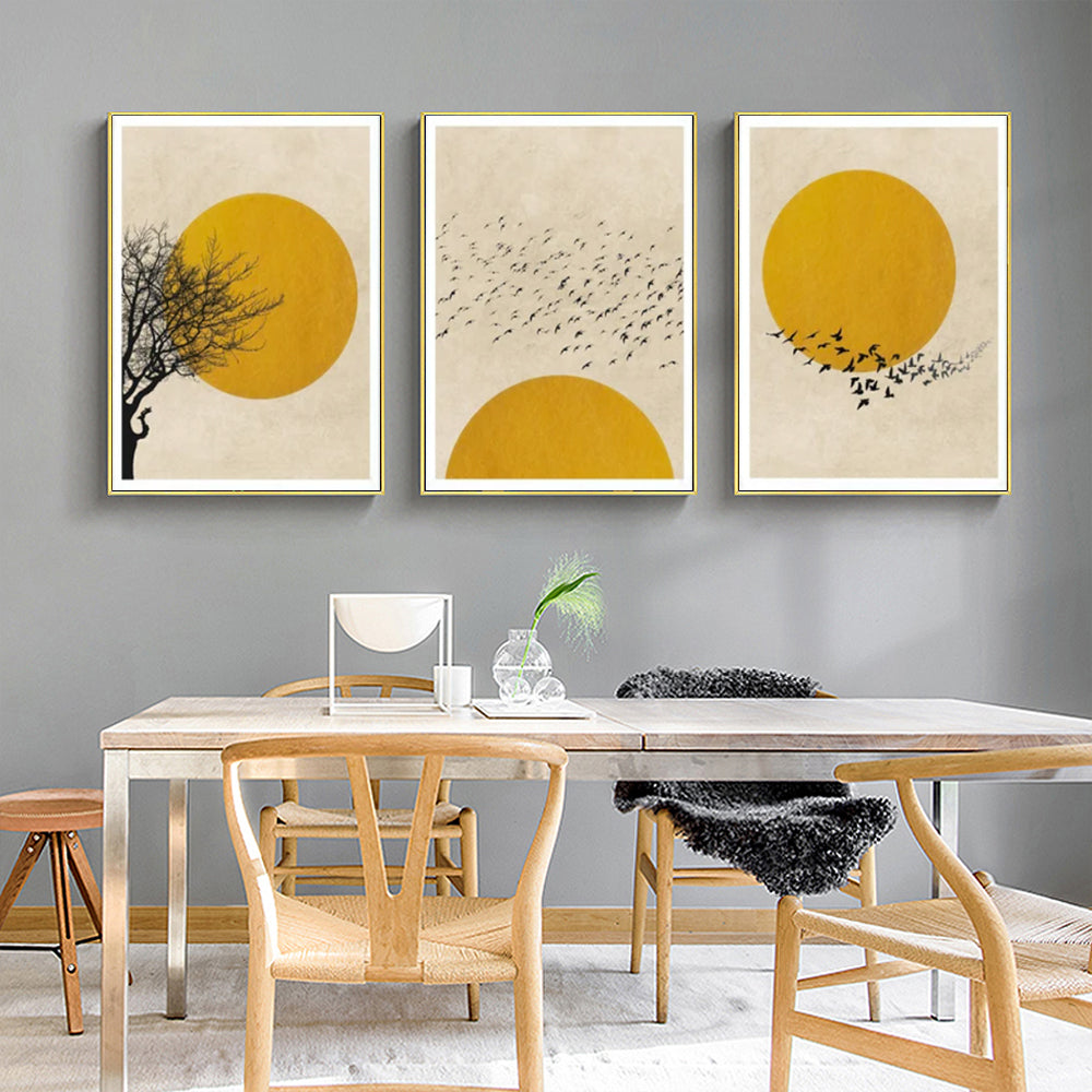Flock of Birds Sun Silhouette — Gold-Framed 3-Panel Canvas Set — Allure Home Collections