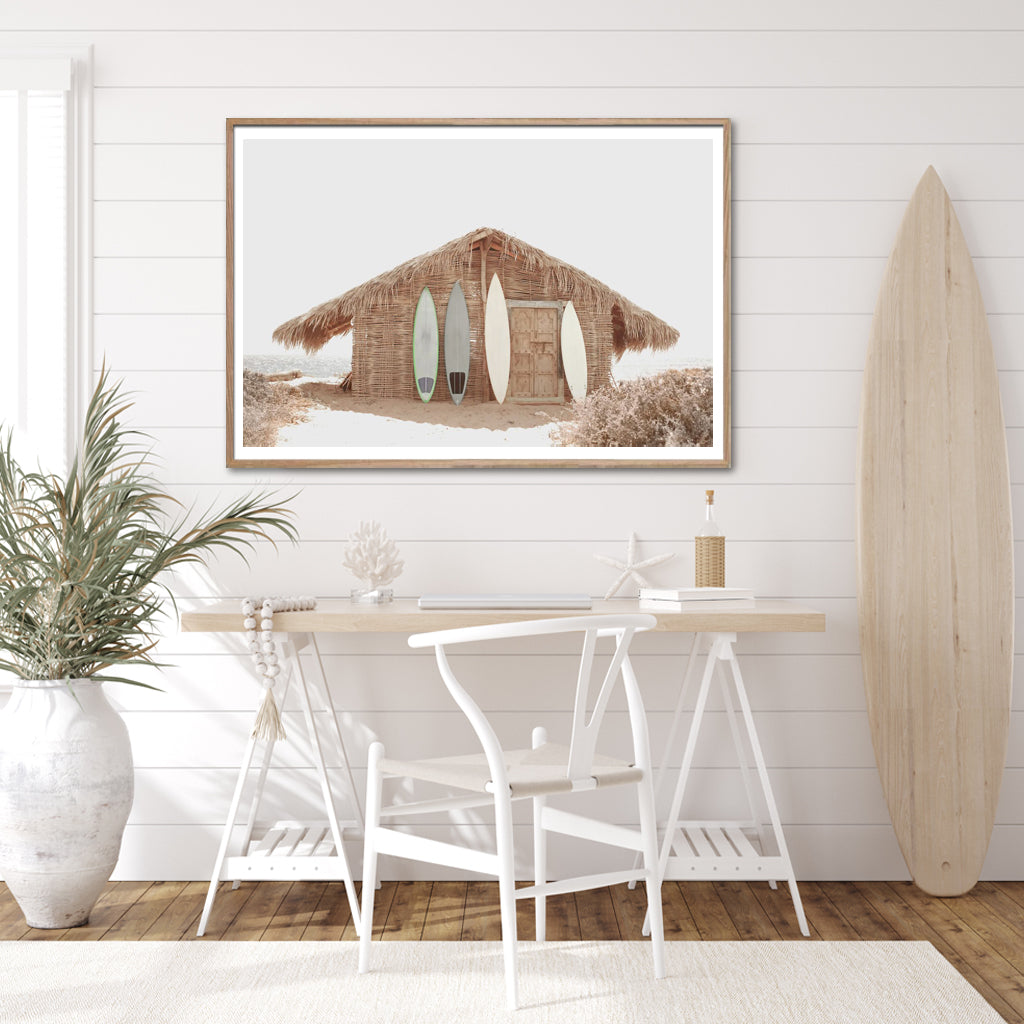Wood framed surf cabin canvas print styled on a coastal interior wall