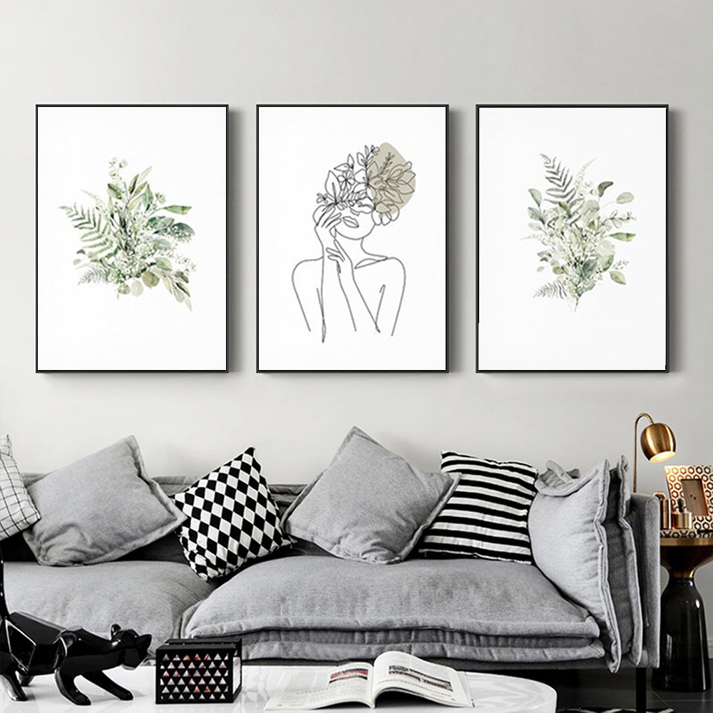 Botanical Line Girl — Framed 3-Panel Canvas Set — Allure Home Collections