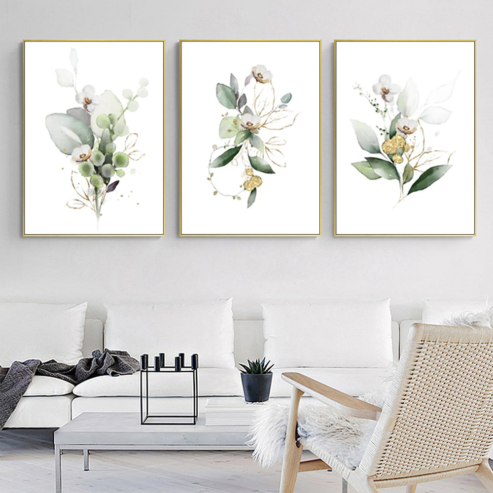 Green and Gold Watercolour Botanical — Gold-Framed Canvas Set — Allure Home Collections