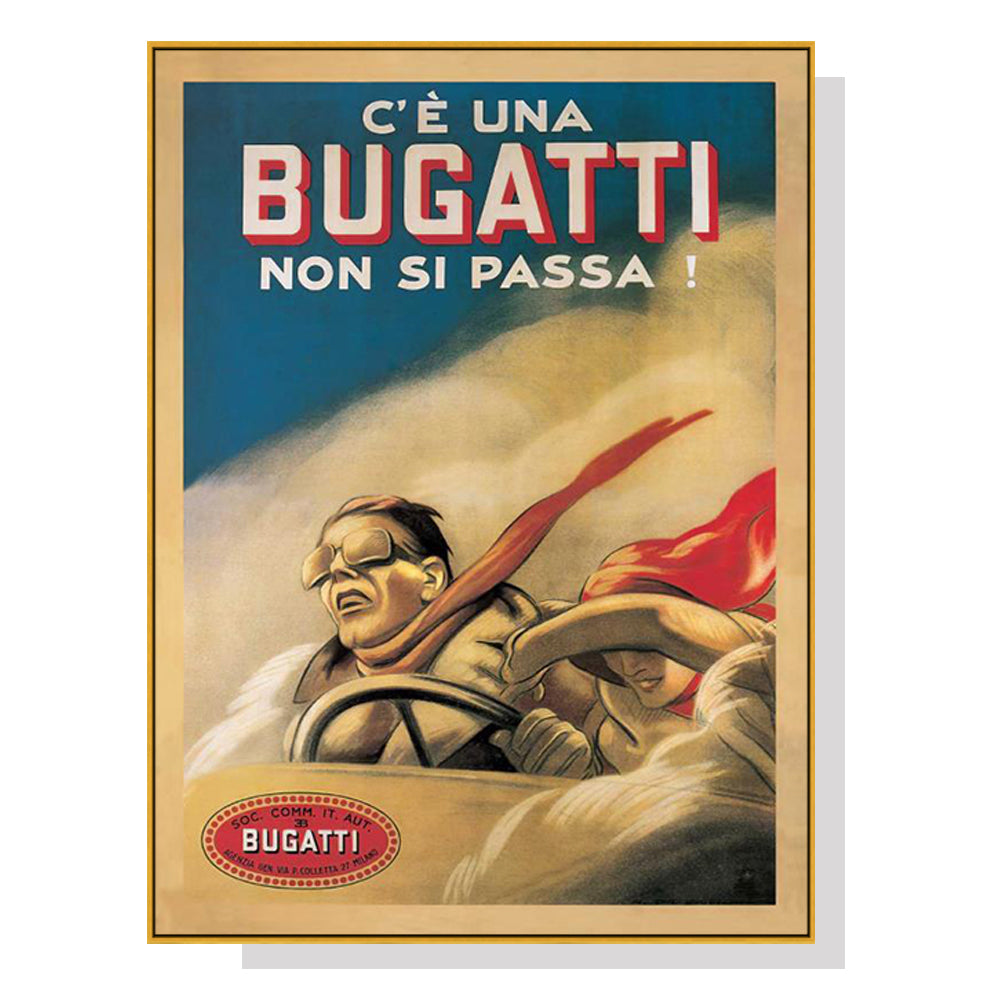 Bugatti sports car canvas wall art in a gold floating frame, 50 x 70 cm panel