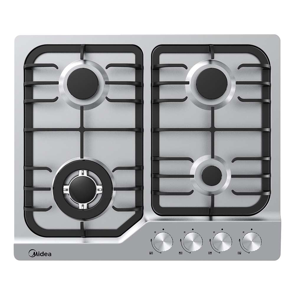 60 cm stainless steel gas cooktop with four burners and black cast iron pan supports