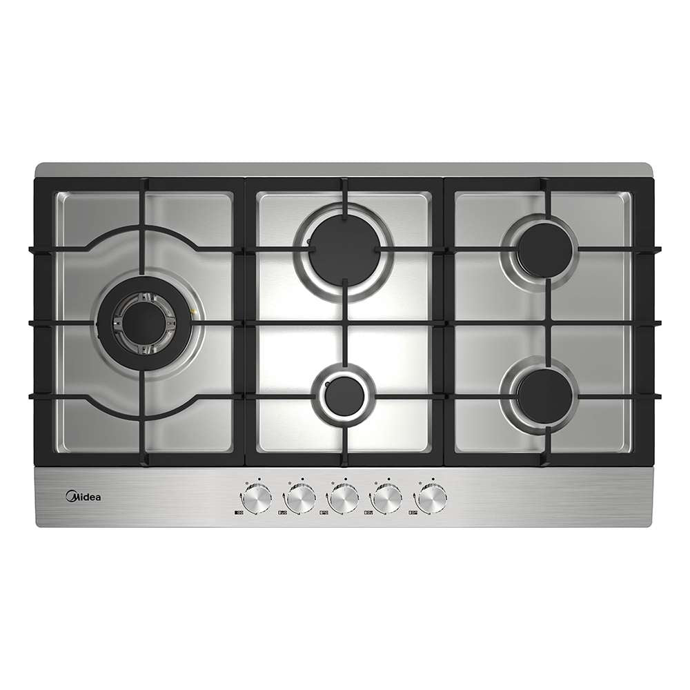 Stainless steel 90 cm gas cooktop with five burners, cast iron trivets and control knobs