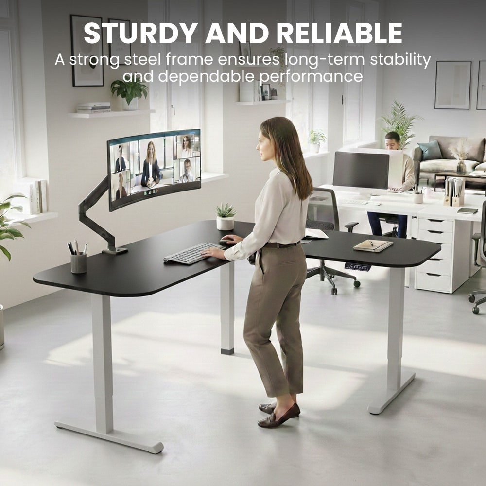 Geraldton Electric Standing Corner Desk, 160x140cm, Black/Silver