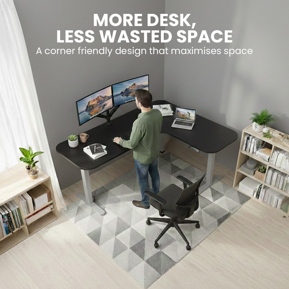 Geraldton Electric Standing Corner Desk, 160x140cm, Black/Silver