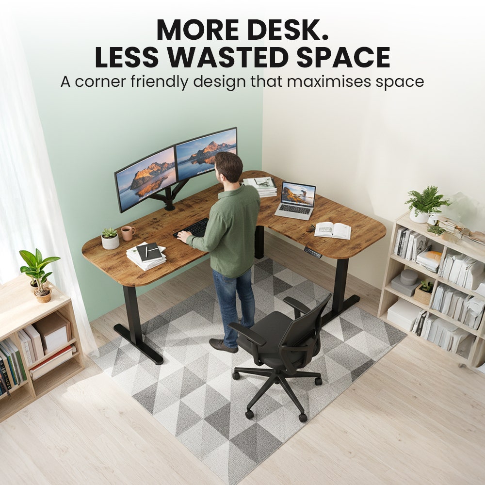 Geraldton Electric Standing Corner Desk, 160x140cm, Walnut/Black