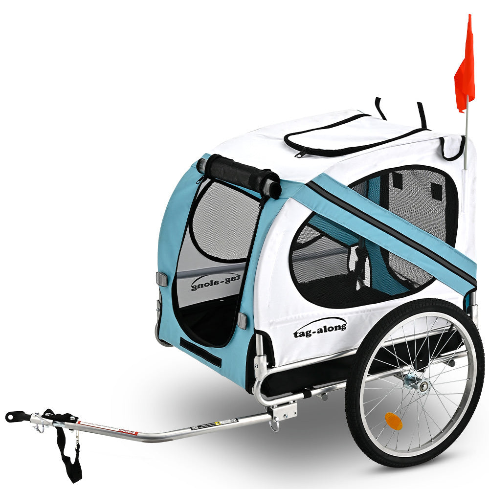 Blue pet and cargo bike trailer with clear windows and safety flag