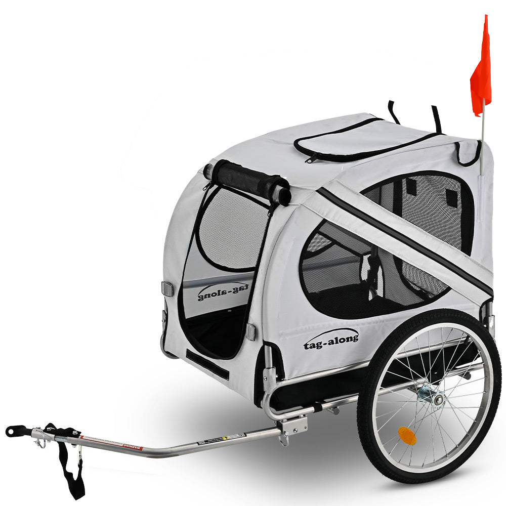 Grey pet and cargo bike trailer with canvas cabin on twenty inch wheels