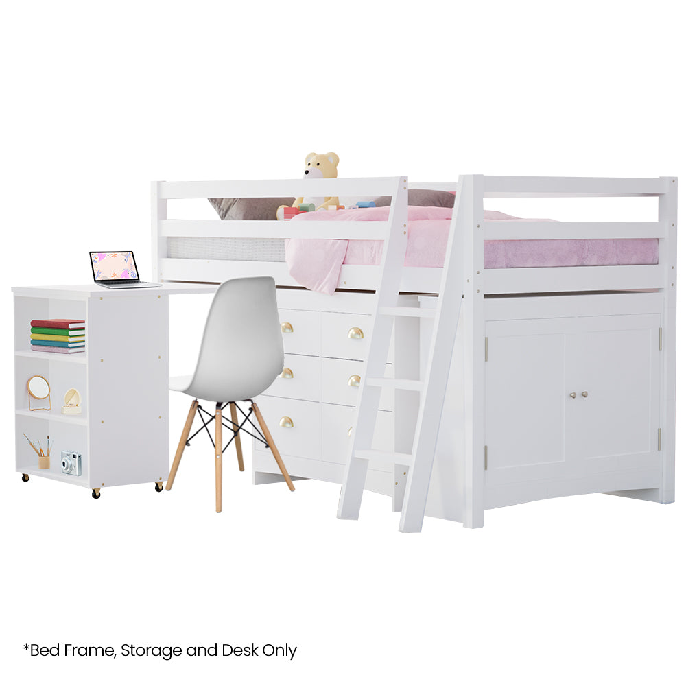 Kingston Slumber kids single loft bed with pull-out desk, drawers and cabinet in white — Allure Home Collections