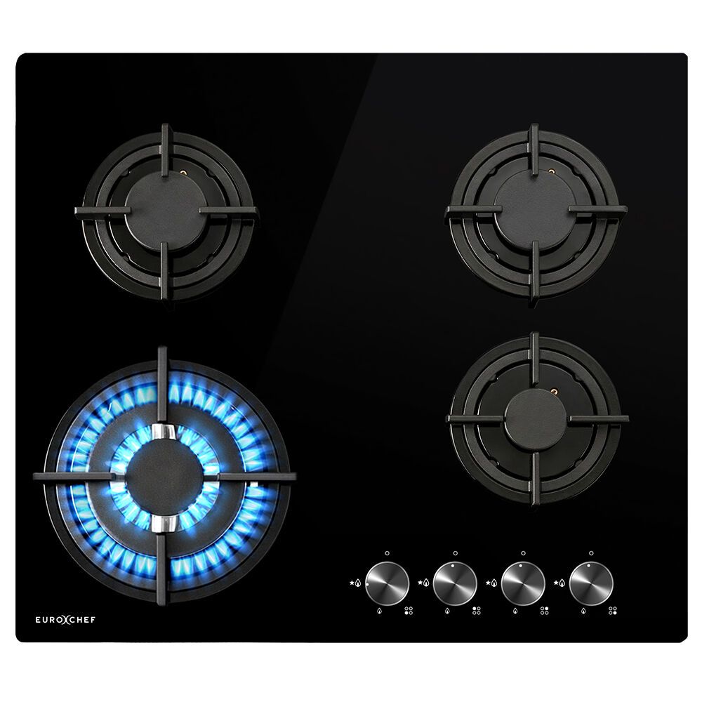 60 cm four burner gas cooktop with black tempered glass and cast iron trivets