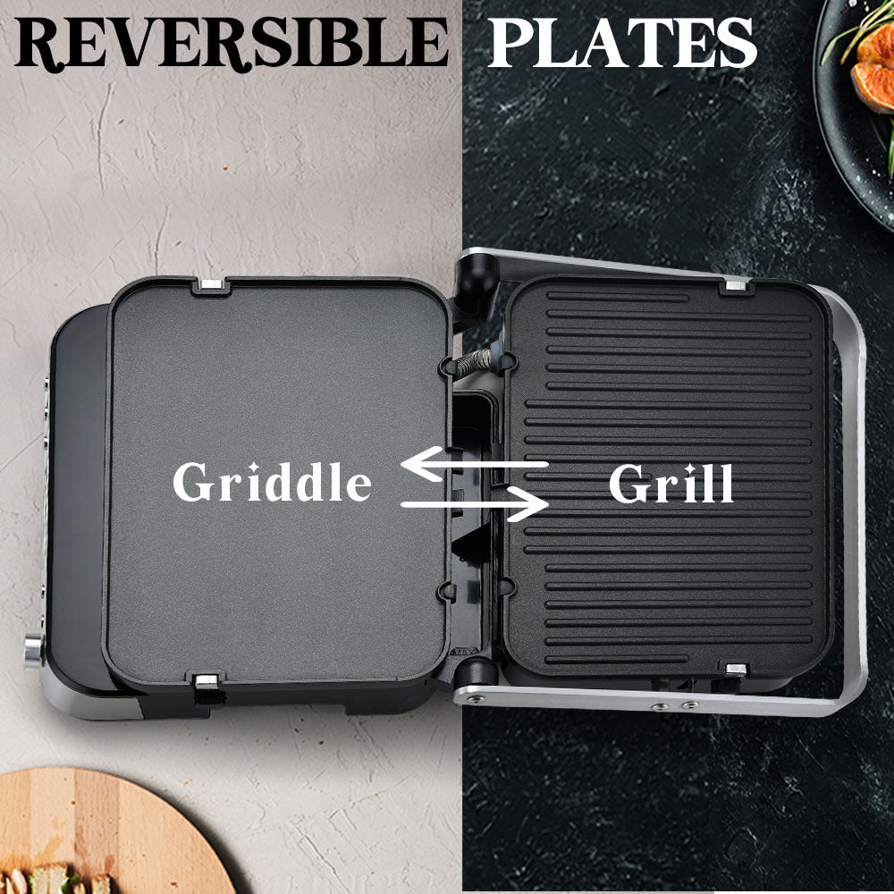 Contact grill pressing a panini between ribbed non stick plates