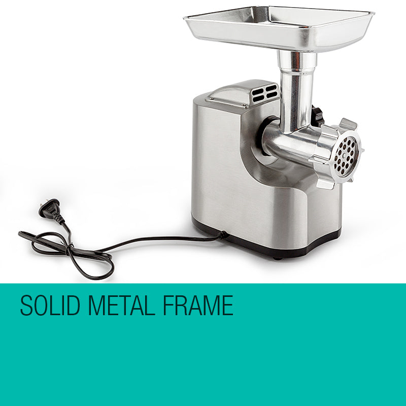 Front view of the brushed aluminium MG850 meat grinder with die cast hopper