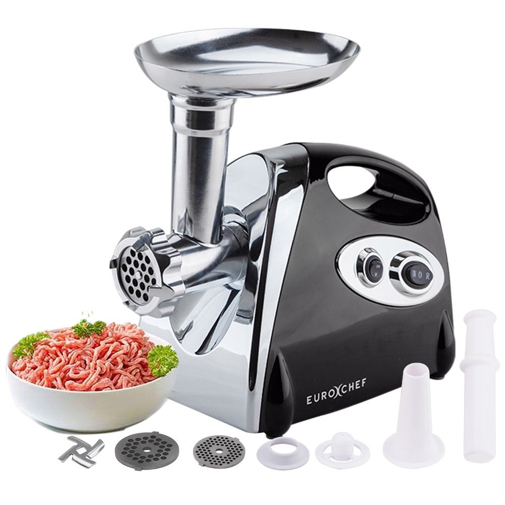 Black electric meat grinder with stainless steel head and feed tray