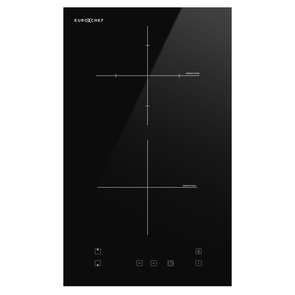 30 cm two zone induction cooktop with frameless black glass surface and touch controls