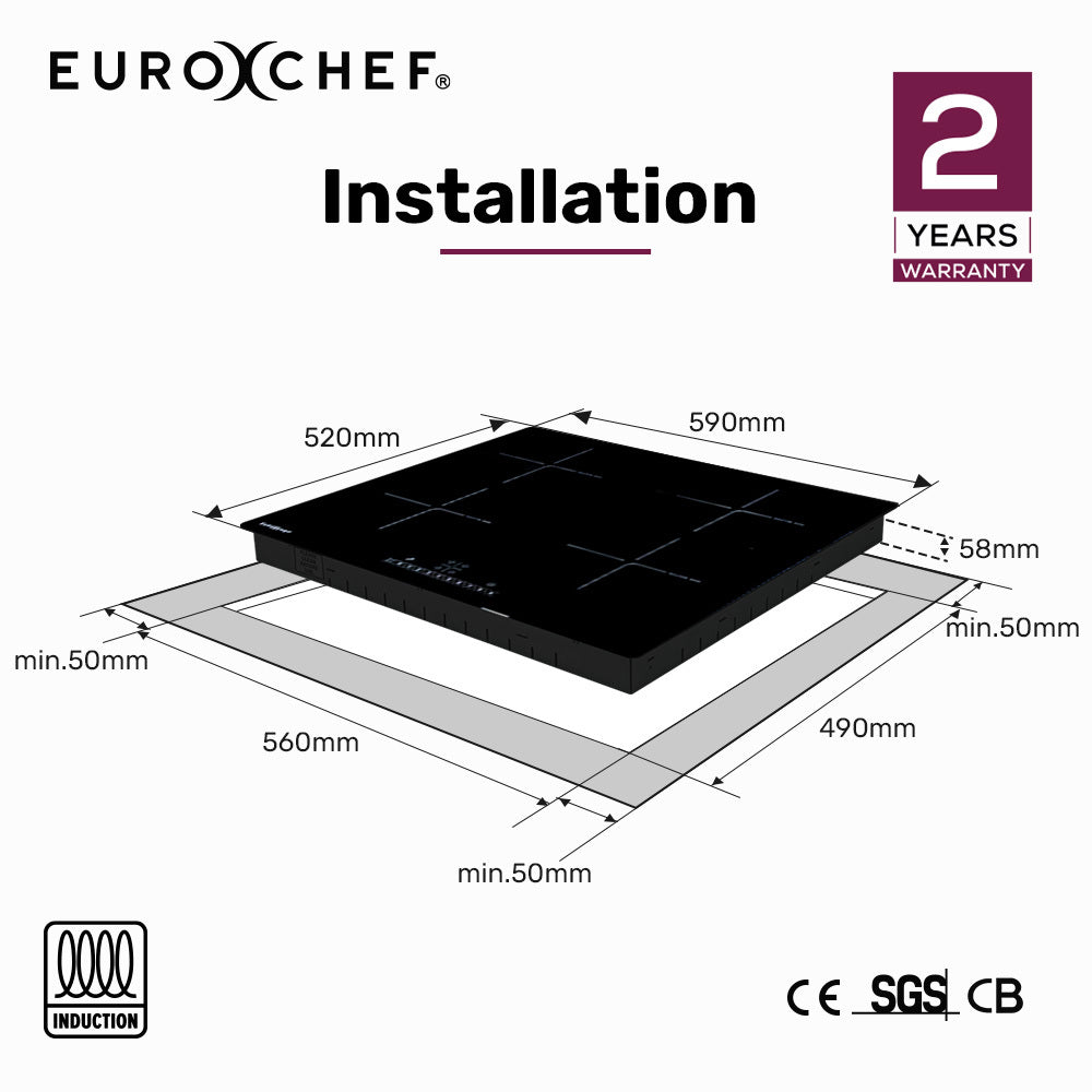 Overhead view of the four zone induction cooktop showing zone markings